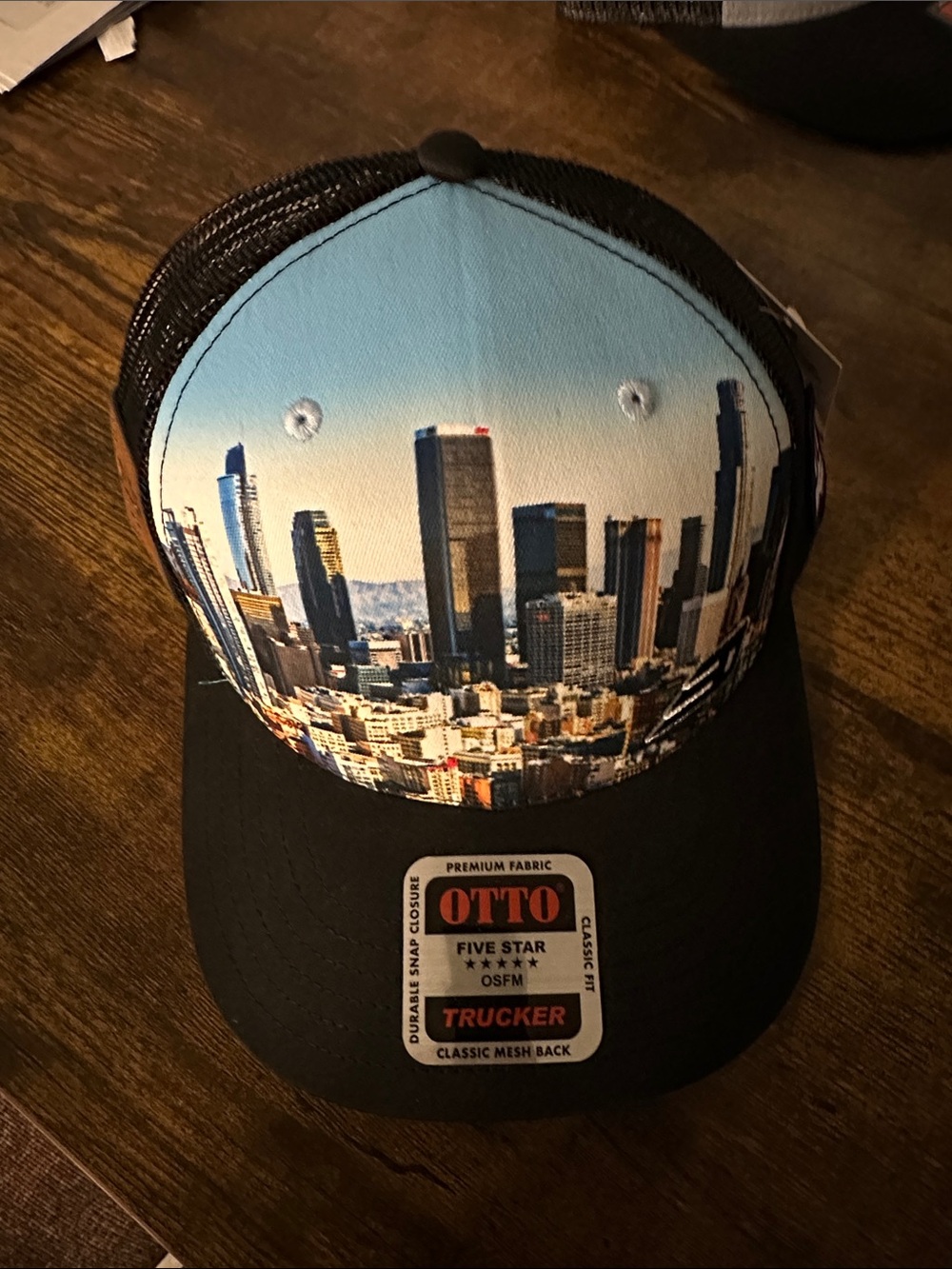 OTTO Black Trucker Cap with City Skyline Print